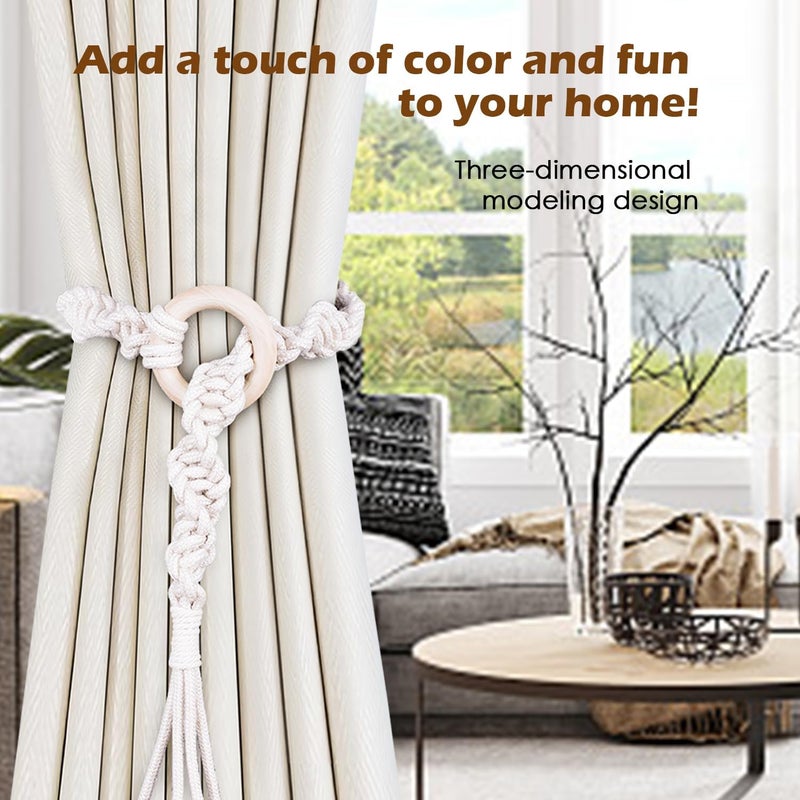 SRG Handmade Boho Curtain Tiebacks Hand Knitting Cotton Curtain Holdbacks with Adjustable Natural Wooden Rings Accessories Wall Decoration for Home Office - Image 2